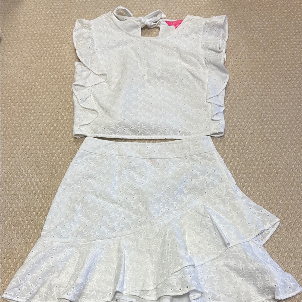 White Eyelet Ruffle Top and Skirt Set